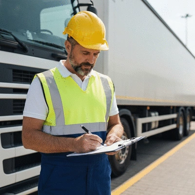 Logistics professional checking a cargo safety checklist on a clipboard