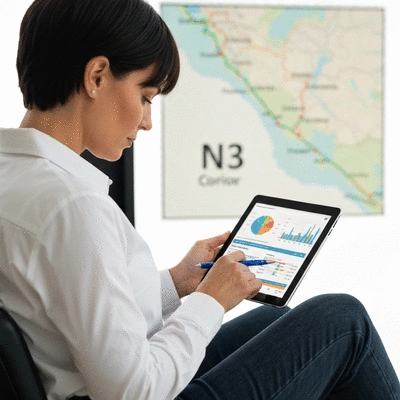 Logistics professional analyzing freight data on a tablet, with a blurred map of the N3 Corridor in the background