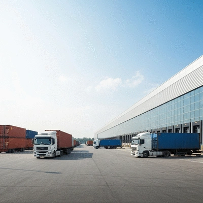 Modern logistics hub with trucks and cargo containers