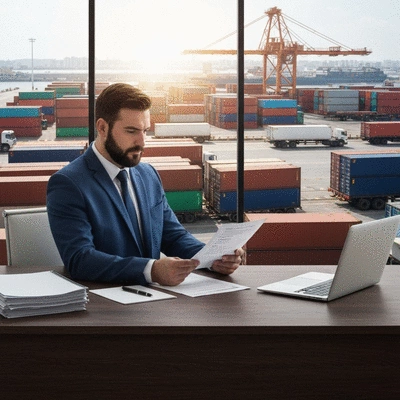 Customs agent reviewing shipping documents and tariffs