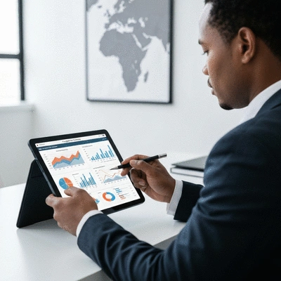 Logistics professional analyzing freight cost factors on a digital tablet, with charts and graphs on screen, South Africa map in background