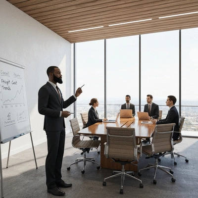 Logistics expert explaining freight cost trends on a whiteboard to a group of business professionals