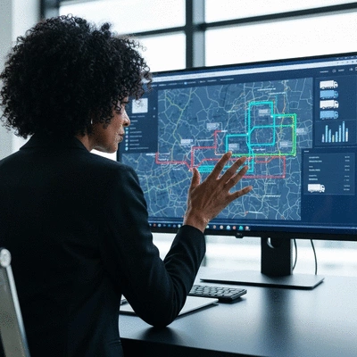 Logistics professional analyzing a digital map with truck routes