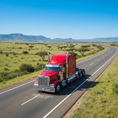 Large semi-truck driving on a highway in South Africa, symbolizing long-haul freight