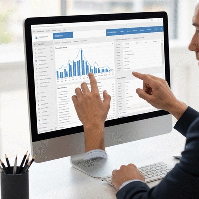 Person interacting with freight planning software on a modern computer screen, showing optimized routes and data analytics