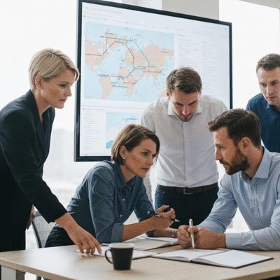 Diverse group of logistics professionals in a meeting discussing freight routes on a large screen, focused and collaborative