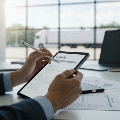 Person reviewing a checklist on a tablet, with logistics documents and a truck in the background