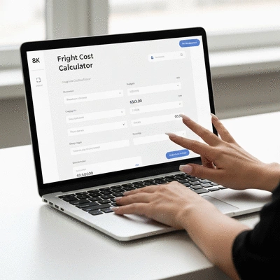 Digital interface of a freight cost calculator on a laptop screen, with a person's hands typing, showing various input fields for cargo details and a calculated rate, clean modern design