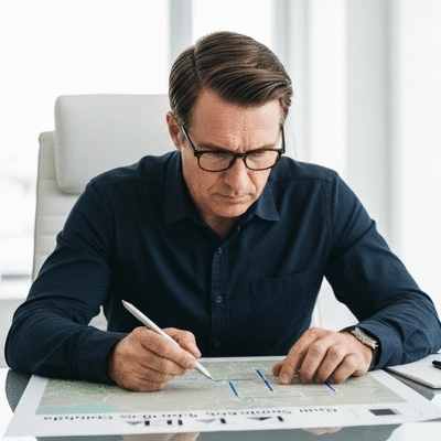 Logistics professional analyzing a digital map with truck routes, representing optimized freight scheduling in South Africa